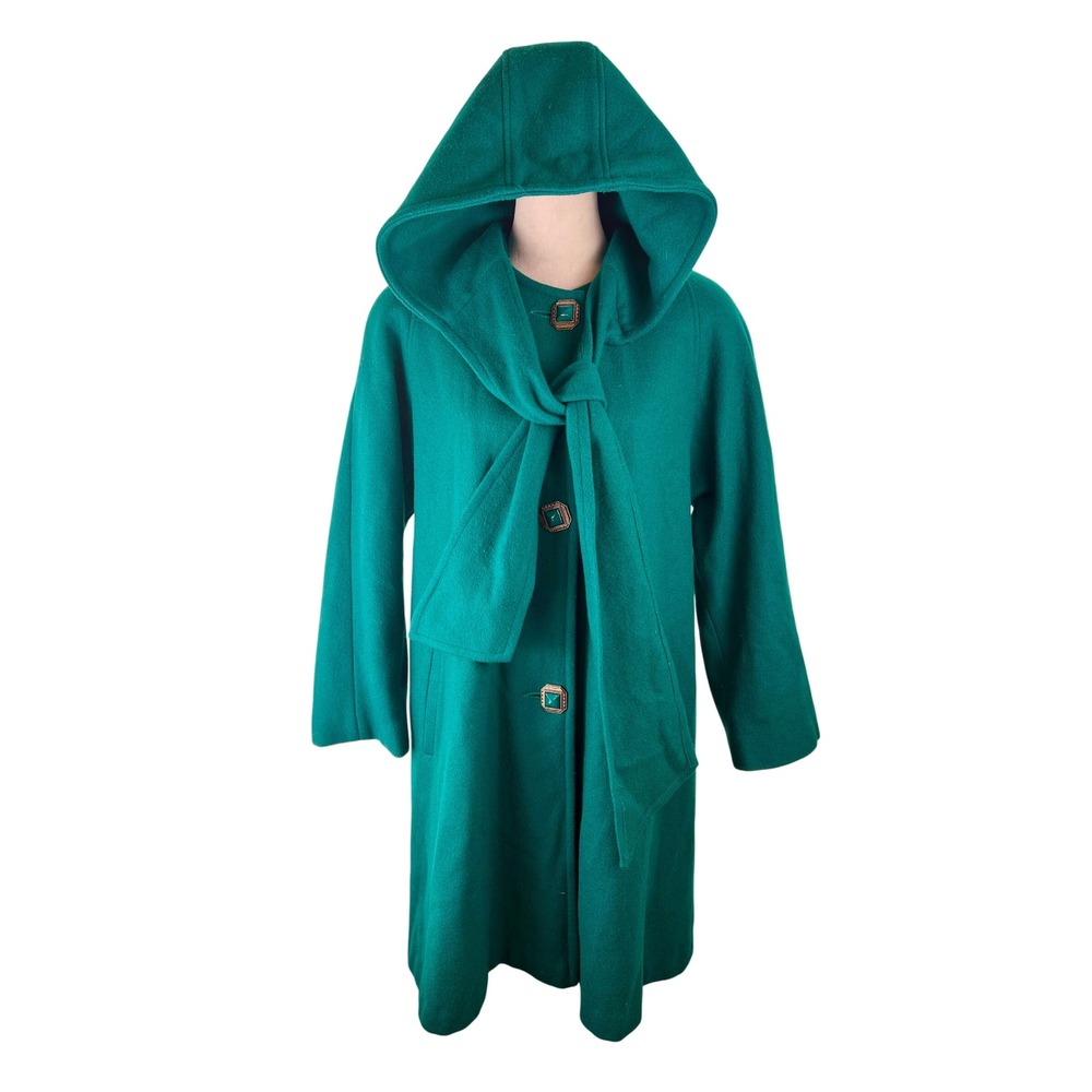 Vintage Jofeld Hooded Wool Blend Swing Coat-Teal/Emerald Green Size Medium USA